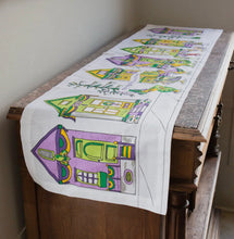 Load image into Gallery viewer, Get ready to party and show off your Mardi Gras spirit with this funky Shotgun Home table runner! It&#39;s sure to be a conversation starter and add some festive flair to your celebrations. Nola artist, french quarter, new orleans art, new orleans artist, Southern artist, Louisiana artist, Gulf South artist, original art, artist, mardi gras art, mardi gras, mardi gras floats, carnival
