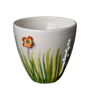 Show off your green thumb in style with this Italian-made cachepot featuring delicate hand-painted flowers in charming bright hues. A beautiful addition to any indoor or outdoor space.