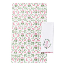 Load image into Gallery viewer, Made with 100% cotton, this towel set features a lovely embroidered design and charming pom-pom trim, as well as a delightful printed pattern. Whether in the kitchen or bathroom, these towels are guaranteed to bring a touch of Easter joy to your home.
