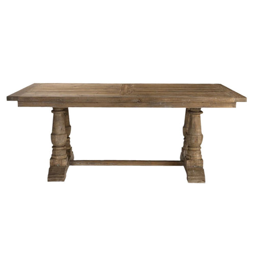 Expertly crafted from 100% reclaimed lumber, the Stratford Dining Table features a charming stony gray wash that accentuates its natural grain and distressed appearance. Due to its solid wood construction, it may develop small cracks and uneven surfaces over time, adding authenticity and character to the table.