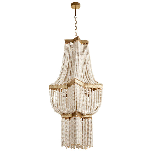 With a vintage motif and sophisticated transitional design, this statement piece transforms any space. Rich, creamy wood beads drape from elegant gold leaf iron supports, creating a cascading and multi-dimensional effect that exudes personality.