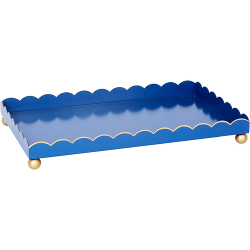 Navy high-gloss metal tray with gold hand-painted trim on the scalloped edges and ball feet.