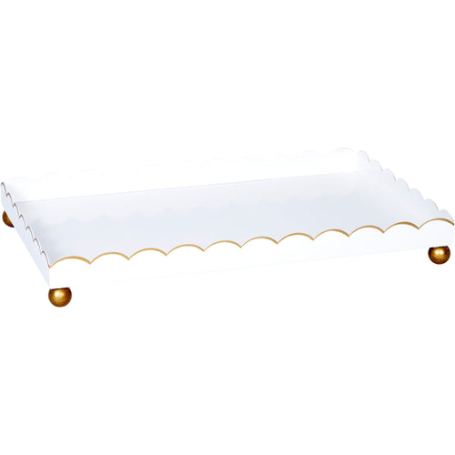 High-gloss white metal tray with gold hand-painted trim on the scalloped edges and ball feet.