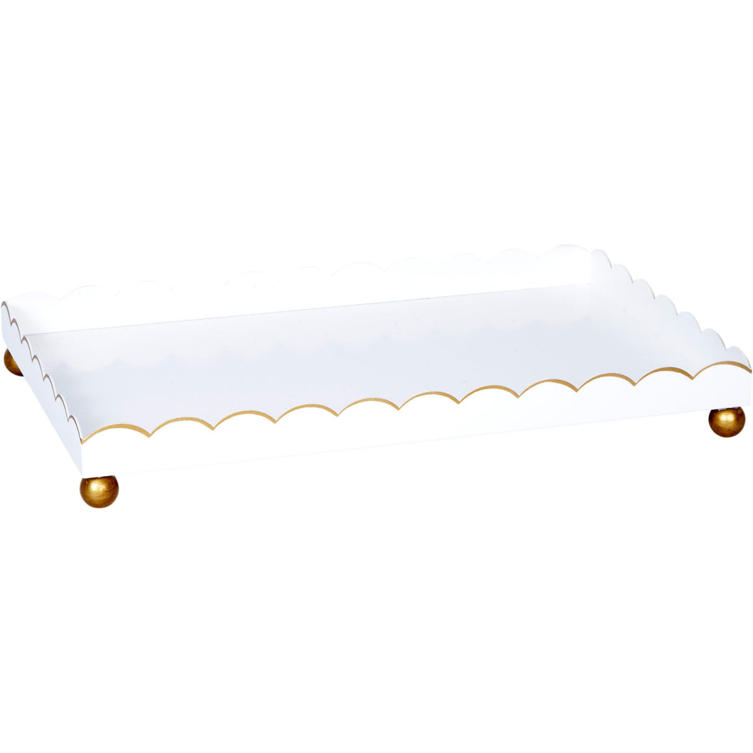 High-gloss white metal tray with gold hand-painted trim on the scalloped edges and ball feet.