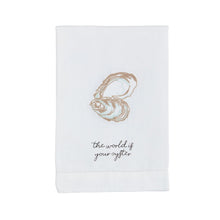 Load image into Gallery viewer, This embroidered linen towel features stylish hemstitching and a playful oyster design. Perfect for adding some fun to your kitchen!
