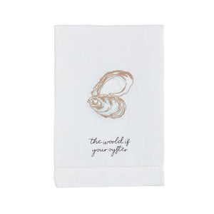 This embroidered linen towel features stylish hemstitching and a playful oyster design. Perfect for adding some fun to your kitchen!