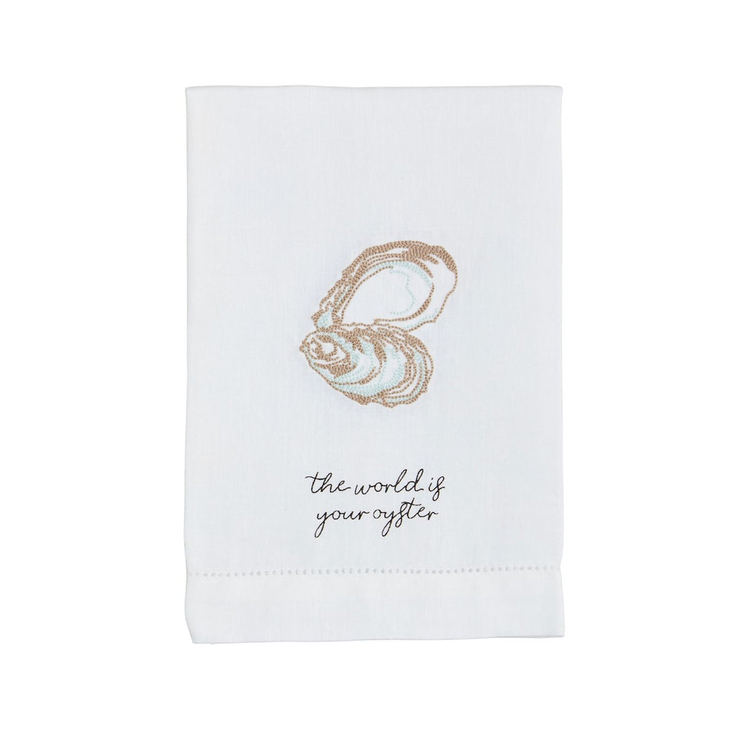 This embroidered linen towel features stylish hemstitching and a playful oyster design. Perfect for adding some fun to your kitchen!