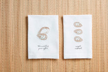 Load image into Gallery viewer, This embroidered linen towel features stylish hemstitching and a playful oyster design. Perfect for adding some fun to your kitchen!
