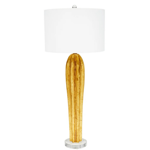 Expertly crafted with a stunning gold leaf finish, this buffet lamp features a round crystal base and a white linen shade. With its elegant and versatile design, it's a perfect addition to any home decor. 