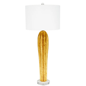 Expertly crafted with a stunning gold leaf finish, this buffet lamp features a round crystal base and a white linen shade. With its elegant and versatile design, it's a perfect addition to any home decor.&nbsp;