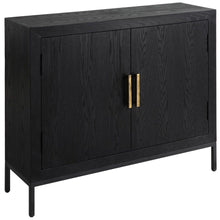 Load image into Gallery viewer, Perfect for any space with its sleek design and timeless finishes. The dark ebony oak veneer is accented by aged gold linear iron pulls. Includes one fixed shelf inside.
