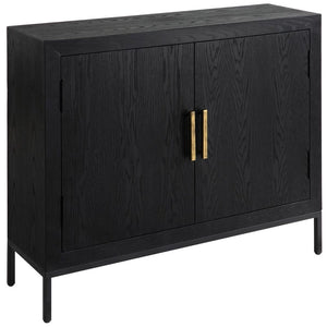 Perfect for any space with its sleek design and timeless finishes. The dark ebony oak veneer is accented by aged gold linear iron pulls. Includes one fixed shelf inside.