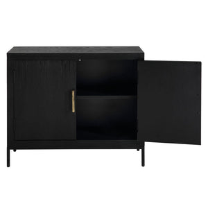 Perfect for any space with its sleek design and timeless finishes. The dark ebony oak veneer is accented by aged gold linear iron pulls. Includes one fixed shelf inside.