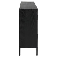 Load image into Gallery viewer, Perfect for any space with its sleek design and timeless finishes. The dark ebony oak veneer is accented by aged gold linear iron pulls. Includes one fixed shelf inside.
