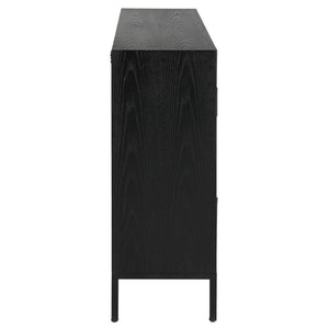 Perfect for any space with its sleek design and timeless finishes. The dark ebony oak veneer is accented by aged gold linear iron pulls. Includes one fixed shelf inside.