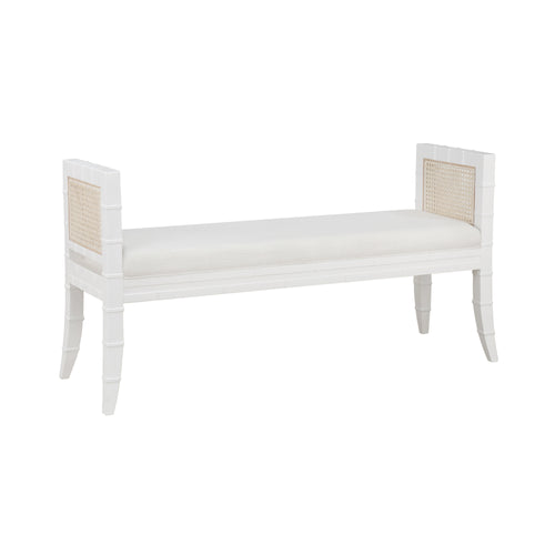 Experience luxury and sophistication with our White Cane Bench, featuring clean lines and intricately woven cane sides. The bench boasts a matte white lacquer finish and a comfortable linen cushion, creating an exclusive and elegant addition to any space.