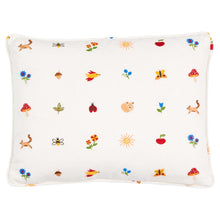 Load image into Gallery viewer, The woodland critters pillow is adorned with embroidered details and a self welt finish. With a whimsical motif featuring a variety of clever creatures, foliage, and bugs, this multi-colored pillow brings a touch of nature to your home. Includes feather/down fill insert and hidden zipper closure ensure.
