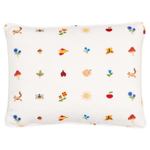 The woodland critters pillow is adorned with embroidered details and a self welt finish. With a whimsical motif featuring a variety of clever creatures, foliage, and bugs, this multi-colored pillow brings a touch of nature to your home. Includes feather/down fill insert and hidden zipper closure ensure.