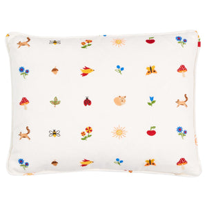 The woodland critters pillow is adorned with embroidered details and a self welt finish. With a whimsical motif featuring a variety of clever creatures, foliage, and bugs, this multi-colored pillow brings a touch of nature to your home. Includes feather/down fill insert and hidden zipper closure ensure.