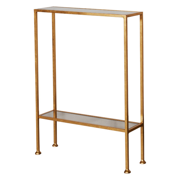 Expertly crafted and stylish, our rectangular accent table adds a touch of glamour to any room. Its elegant, two-tier iron frame is finished with luxurious gold leaf and complements the inset antique mirror top and shelf. A perfect option for compact spaces or as a companion to your sofa or loveseat.