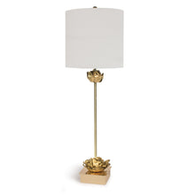 Load image into Gallery viewer, This superb piece is adorned with beautiful gold accents and finished with a classic lampshade, making it a unique and modern work of art. Delicately crafted metal flowers with a luxurious antique gold leaf finish grace the elegant and polished golden base.
