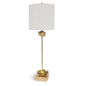 This superb piece is adorned with beautiful gold accents and finished with a classic lampshade, making it a unique and modern work of art. Delicately crafted metal flowers with a luxurious antique gold leaf finish grace the elegant and polished golden base.