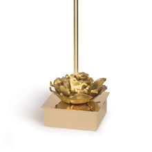 Load image into Gallery viewer, This superb piece is adorned with beautiful gold accents and finished with a classic lampshade, making it a unique and modern work of art. Delicately crafted metal flowers with a luxurious antique gold leaf finish grace the elegant and polished golden base.
