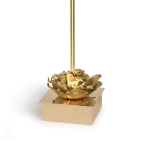 This superb piece is adorned with beautiful gold accents and finished with a classic lampshade, making it a unique and modern work of art. Delicately crafted metal flowers with a luxurious antique gold leaf finish grace the elegant and polished golden base.