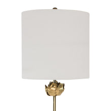 Load image into Gallery viewer, This superb piece is adorned with beautiful gold accents and finished with a classic lampshade, making it a unique and modern work of art. Delicately crafted metal flowers with a luxurious antique gold leaf finish grace the elegant and polished golden base.
