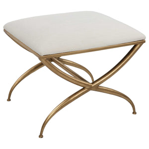 Crafted with a timeless and sophisticated design, this compact bench boasts a gracefully curved iron frame coated in a luxurious gold leaf finish. The padded seat, covered in a pristine white fabric, offers both a cozy spot to sit and a place to prop up your feet.