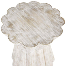 Load image into Gallery viewer, The Annie Side Table features a light washed woodgrain texture, an hourglass silhouette, and a scalloped flower shape. These elements add a touch of femininity and textural interest to the table.
