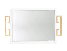 Load image into Gallery viewer, The Avana Tray features a high gloss lacquer finish in black or white, accompanied by a beveled mirror inset and gold leaf iron handles on the sides, making it both decorative and functional.
