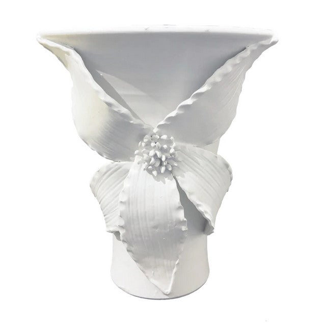 The Catalina Vase features a matte white finish and delicate floral applique. Handcrafted by skilled Italian artisans, this piece showcases exceptional artisanship and design. 