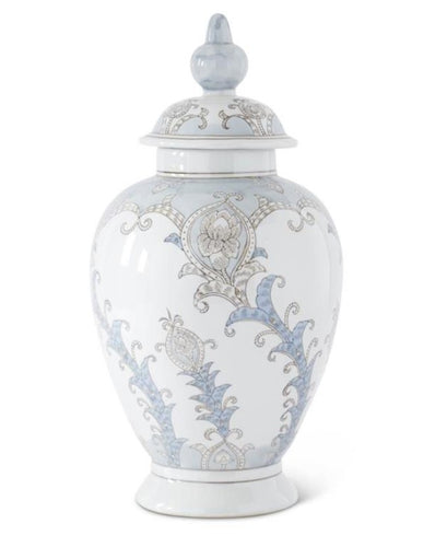 Crafted with a blend of classic influences, this ceramic container adds a touch of grand-millennial charm to any space. Featuring soft gray-blue painted detailing and a chinoiserie-inspired design, it's the perfect way to incorporate a touch of Southern hospitality into your home decor.