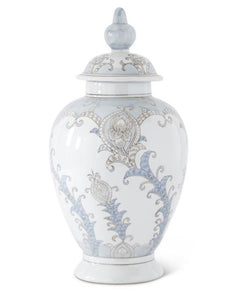 Crafted with a blend of classic influences, this ceramic container adds a touch of grand-millennial charm to any space. Featuring soft gray-blue painted detailing and a chinoiserie-inspired design, it's the perfect way to incorporate a touch of Southern hospitality into your home decor.