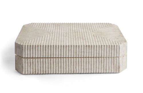 Maximize your storage space and keep your living area organized with the Ribbed Wooden Box. The ribbed design adds a touch of texture, while the aged white gesso finish gives a rustic feel to any room. Perfect for storing remotes or small trinkets, this box brings both functionality and style to your living space.