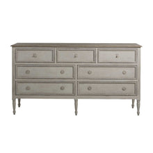 Load image into Gallery viewer, French-style 18th century inspired chest with beaded burlap drawer fronts and carved legs, with an antiqued white finish
