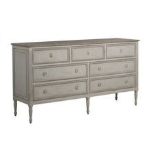 Load image into Gallery viewer, French-style 18th century inspired chest with beaded burlap drawer fronts and carved legs, with an antiqued white finish
