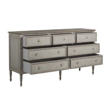 Load image into Gallery viewer, French-style 18th century inspired chest with beaded burlap drawer fronts and carved legs, with an antiqued white finish
