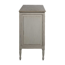 Load image into Gallery viewer, French-style 18th century inspired chest with beaded burlap drawer fronts and carved legs, with an antiqued white finish
