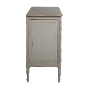 French-style 18th century inspired chest with beaded burlap drawer fronts and carved legs, with an antiqued white finish