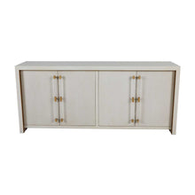 Load image into Gallery viewer, Winford console with a waterfall design, white cerused finish, and acrylic and gold accents.
