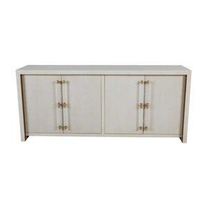 Winford console with a waterfall design, white cerused finish, and acrylic and gold accents.