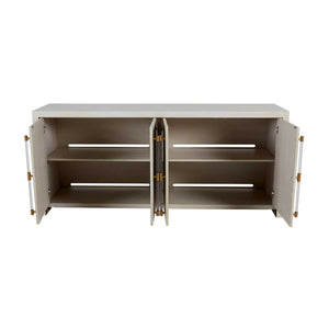 Winford console with a waterfall design, white cerused finish, and acrylic and gold accents.