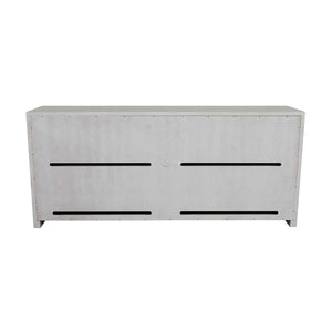 Winford console with a waterfall design, white cerused finish, and acrylic and gold accents.