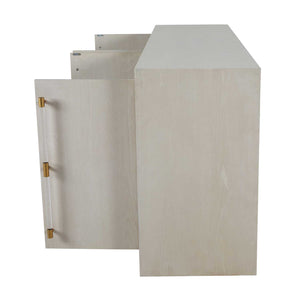 Winford console with a waterfall design, white cerused finish, and acrylic and gold accents.