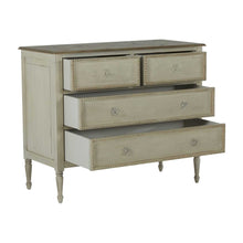 Load image into Gallery viewer, French-style 18th century inspired chest with beaded burlap drawer fronts and carved legs, with an antiqued white finish
