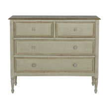 Load image into Gallery viewer, French-style 18th century inspired chest with beaded burlap drawer fronts and carved legs, with an antiqued white finish
