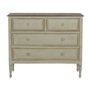 French-style 18th century inspired chest with beaded burlap drawer fronts and carved legs, with an antiqued white finish