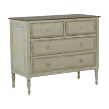 Load image into Gallery viewer, French-style 18th century inspired chest with beaded burlap drawer fronts and carved legs, with an antiqued white finish
